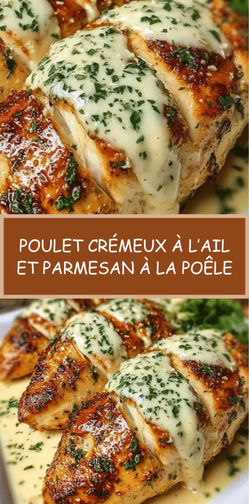 Filets de poulet dorés nappés de sauce crémeuse à l’ail et parmesan, servis dans une poêle avec persil frais et accompagnés de pâtes.