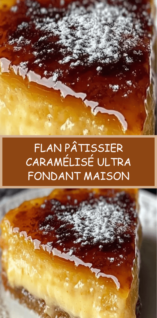 Flan pâtissier caramélisé, épais et crémeux, découpé en parts dans un moule, surface dorée, saupoudré de sucre glace, sur table.