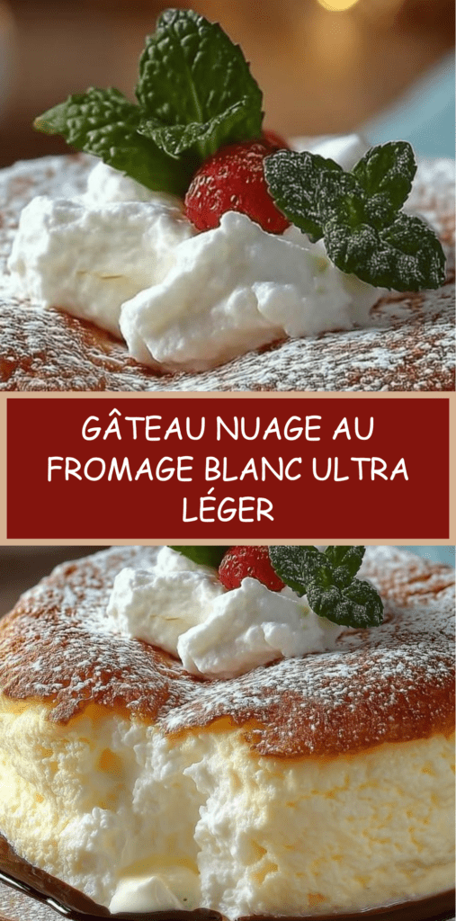 Gâteau nuage au fromage blanc, très léger et doré, saupoudré de sucre glace, découpé en parts sur un plat, mie aérienne visible.