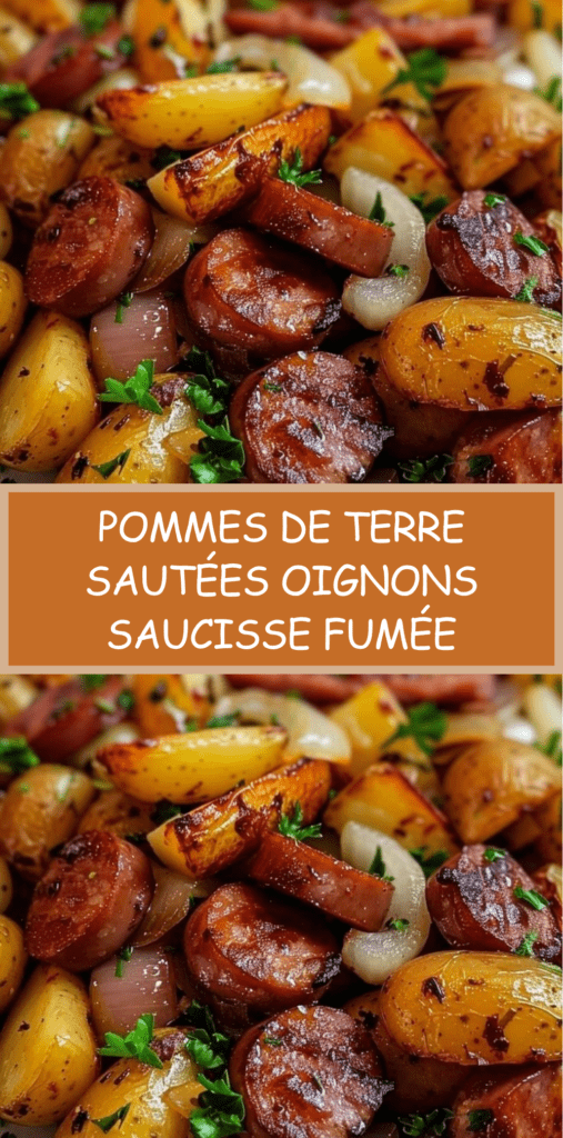 Poêle de pommes de terre sautées dorées avec rondelles de saucisse fumée, oignons caramélisés et persil frais