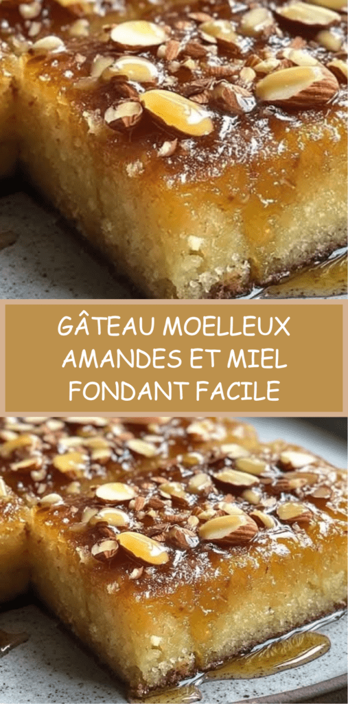 Gâteau moelleux aux amandes imbibé de miel, doré et décoré d’amandes croquantes sur le dessus, servi en part sur une assiette