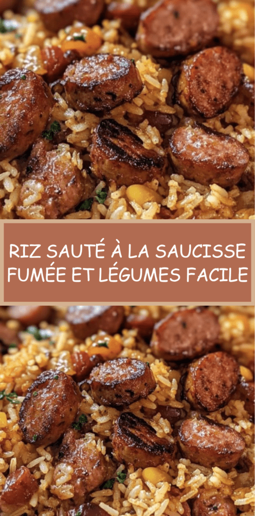 Poêle de riz sauté avec rondelles de saucisse fumée, poivrons colorés, oignons fondants et herbes fraîches