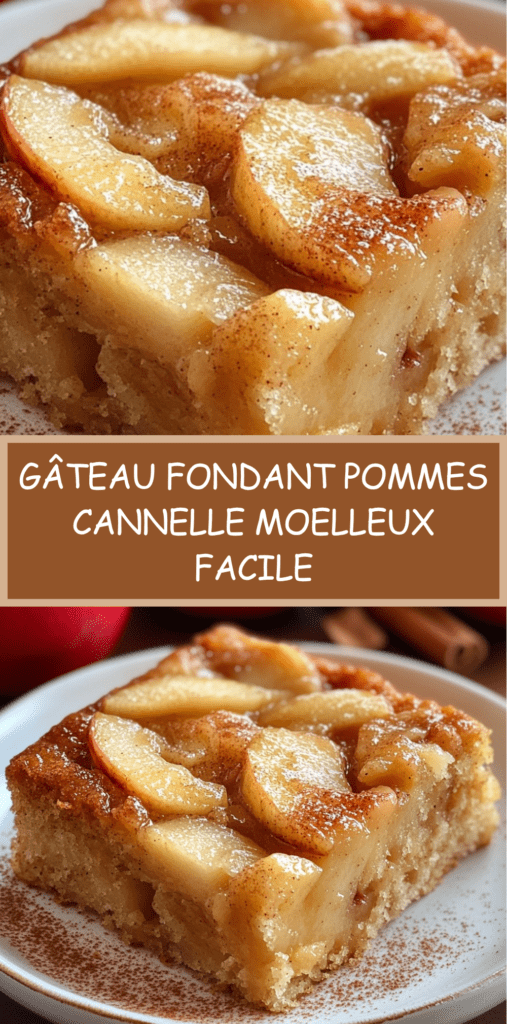 Gâteau fondant aux pommes et doré, avec tranches de pommes caramélisées sur le dessus et légère touche de cannelle