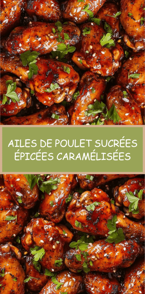 Ailes de poulet caramélisées nappées de sauce sucrée épicée, brillantes, garnies de sésame et herbes fraîches dans une assiette