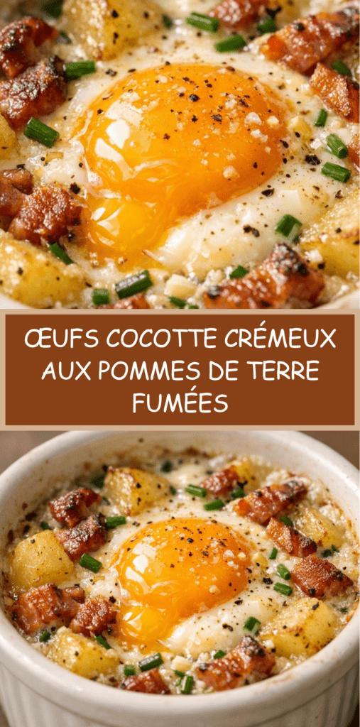 Deux œufs cocotte crémeux servis en ramequins avec pommes de terre fondantes, lard fumé croustillant, ciboulette fraîche et jaune coulant.
