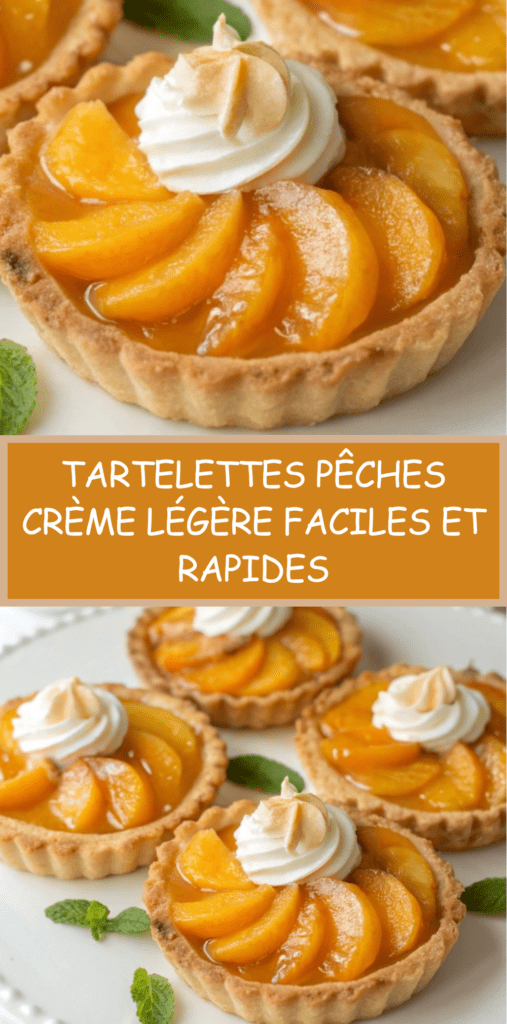 Tartelettes aux pêches et crème légère, garnies de lamelles de fruits frais brillants et d’une crème onctueuse, présentées sur une assiette élégante.