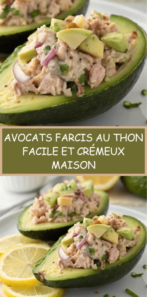 Avocats farcis au thon crémeux avec yaourt grec, citron et cornichons, servis frais avec une texture onctueuse et une présentation élégante.