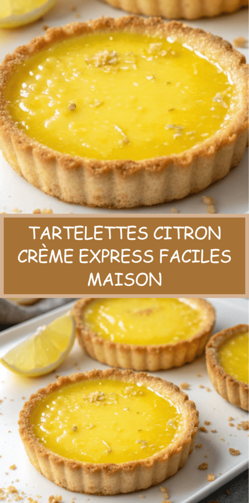 Tartelettes au citron garnies d’une crème lisse et brillante, décorées de zestes de citron frais, présentées sur une assiette élégante.