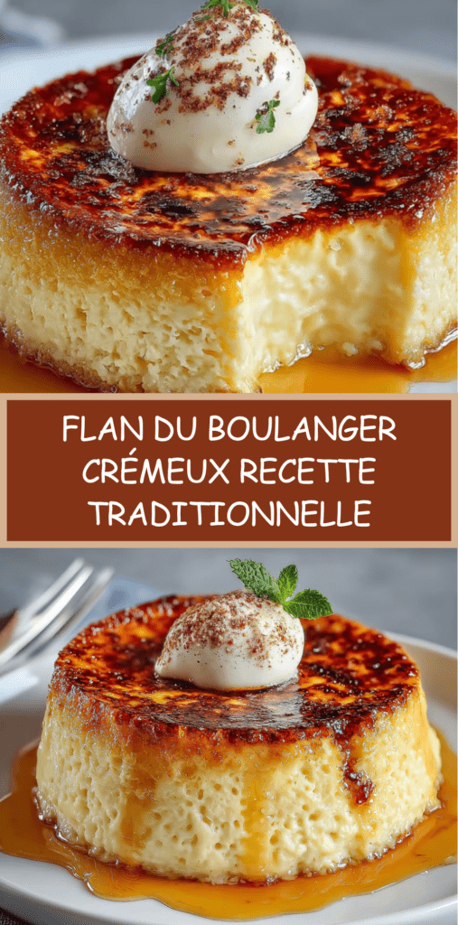 Flan du boulanger avec surface dorée légèrement caramélisée, texture crémeuse et coupe nette révélant un intérieur fondant.