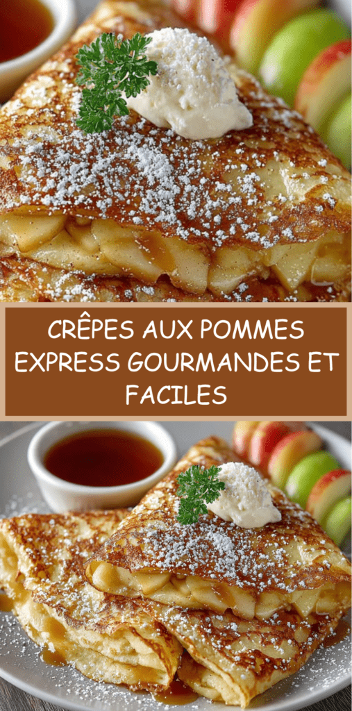 Crêpes aux pommes caramélisées fondantes, saupoudrées de sucre glace et nappées de sirop d’érable, servies chaudes.