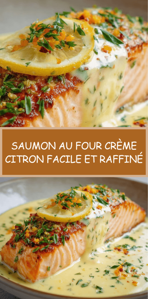 Pavés de saumon au four nappés d’une sauce crémeuse au citron, garnis de rondelles de citron et d’herbes fraîches dans un plat de cuisson.