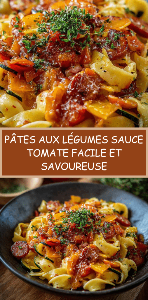 Assiette de pâtes aux légumes sauce tomate avec courgette, poivron, carotte et parmesan râpé, servie chaude dans un plat convivial.