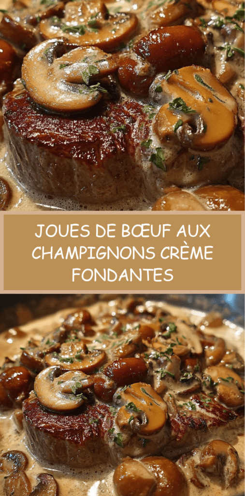 Joues de bœuf mijotées avec champignons dans une sauce crémeuse, servies chaudes avec persil frais dans une cocotte rustique.