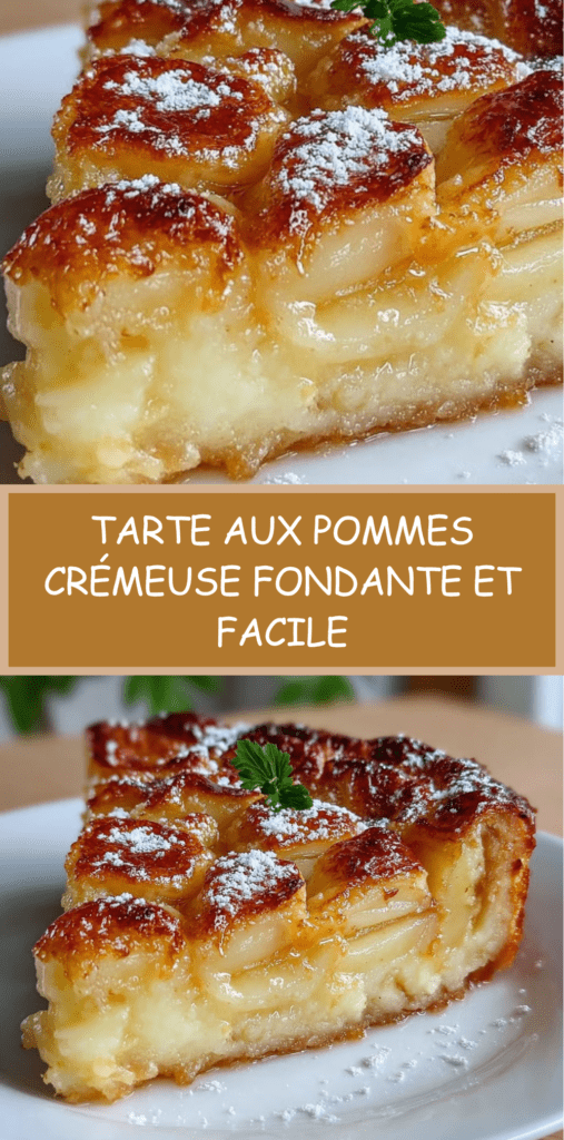 Tarte aux pommes crémeuse dorée au four avec lamelles de pommes fondantes et surface légèrement caramélisée, saupoudrée de sucre glace.
