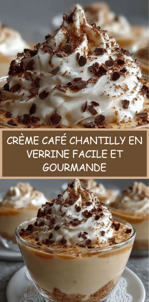 Verrines de crème au café surmontées de chantilly maison, avec biscuits émiettés et copeaux de chocolat, présentées en couches élégantes.
