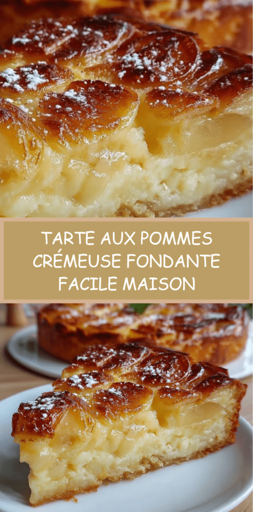 Tarte aux pommes crémeuse dorée au four avec lamelles de pommes fondantes, crème prise et surface légèrement caramélisée, saupoudrée de sucre glace.
