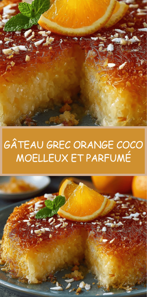 Gâteau grec à l’orange et noix de coco imbibé de sirop, texture moelleuse, décoré de zestes d’orange et de coco râpée sur le dessus.