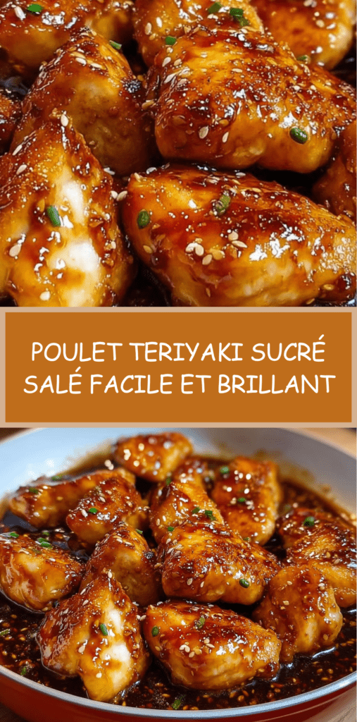 Morceaux de poulet teriyaki brillants nappés de sauce sucrée-salée, garnis de graines de sésame et d’oignons verts, servis avec du riz.