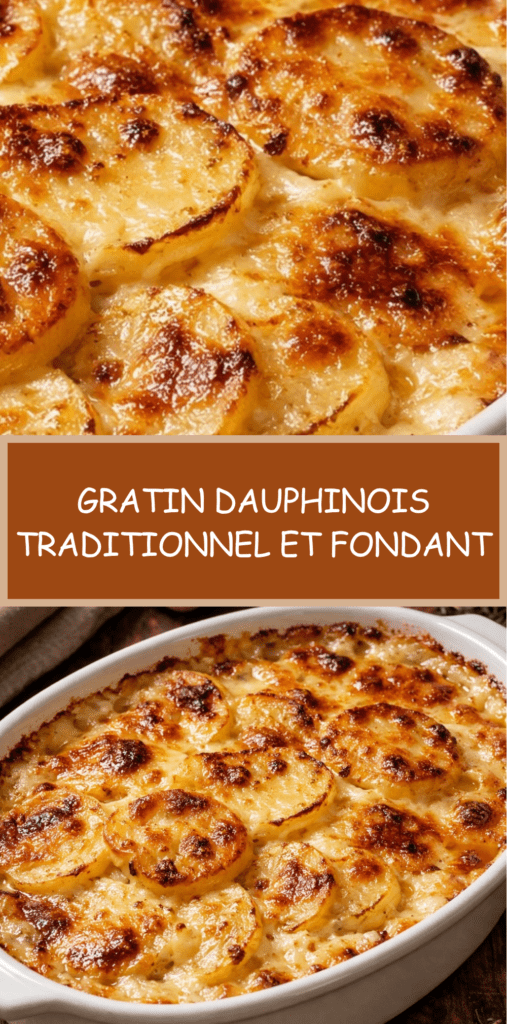Gratin dauphinois traditionnel servi dans un plat en céramique, avec fines rondelles de pommes de terre fondantes, crème onctueuse et surface légèrement dorée.