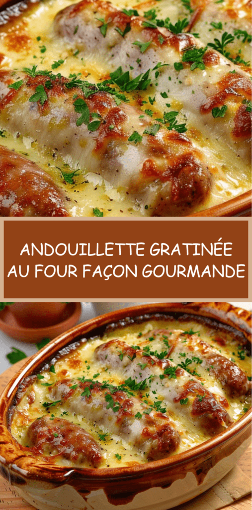 Andouillettes gratinées au four avec sauce crémeuse à la moutarde et fromage doré, servies dans un plat chaud avec surface croustillante.