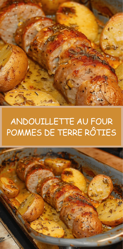 Andouillettes rôties au four accompagnées de pommes de terre dorées aux herbes et à l’ail, servies dans un plat rustique avec jus de cuisson.