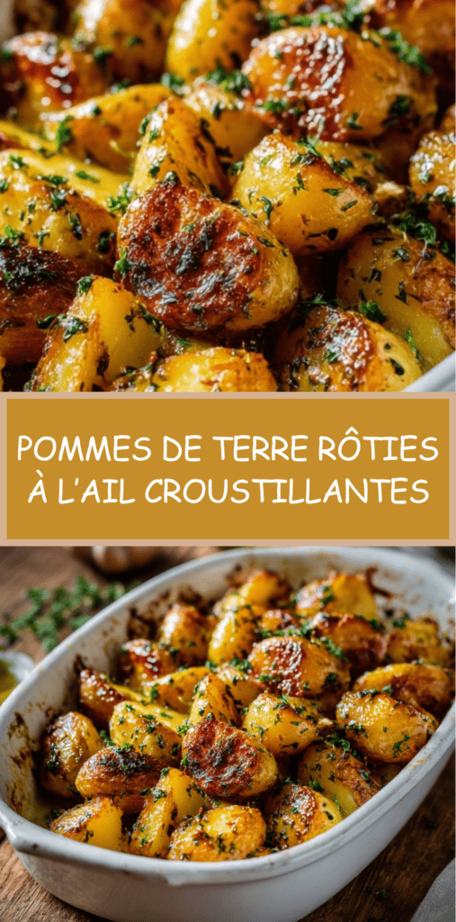 Pommes de terre rôties au four avec ail et herbes, dorées et croustillantes, servies sur une plaque avec persil frais.