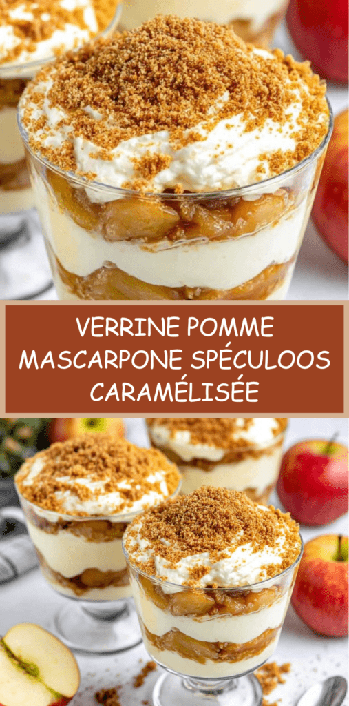 Verrines de pommes caramélisées à la cannelle avec mascarpone crémeux et spéculoos émiettés, présentées en couches gourmandes.