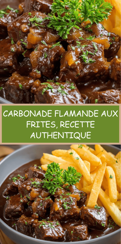 Assiette de carbonade flamande traditionnelle avec morceaux de bœuf fondants dans une sauce brune à la bière, servie avec des frites croustillantes.