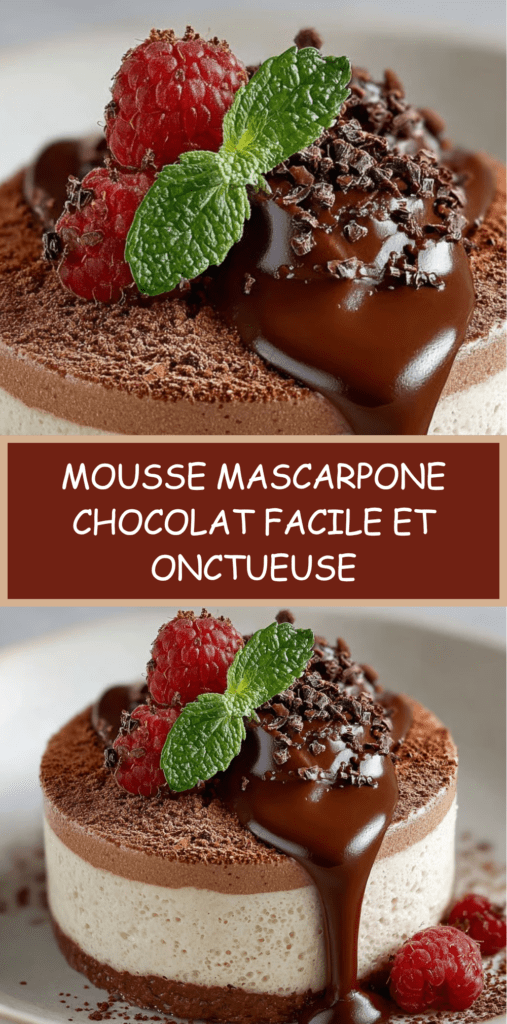 Verrines de mousse mascarpone au chocolat noir, texture aérienne et crémeuse, décorées de cacao en poudre et copeaux de chocolat.
