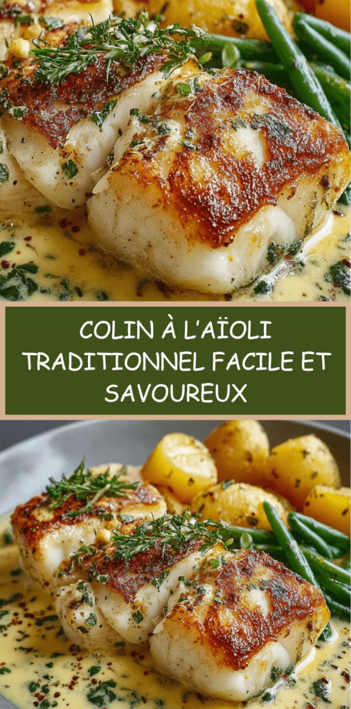 Assiette de colin à l’aïoli avec pommes de terre et haricots verts, nappée d’une sauce crémeuse à l’ail et décorée de persil frais.