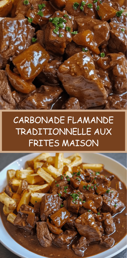 Plat de carbonade flamande avec morceaux de bœuf fondants dans une sauce brune à la bière, accompagné de frites croustillantes dorées.