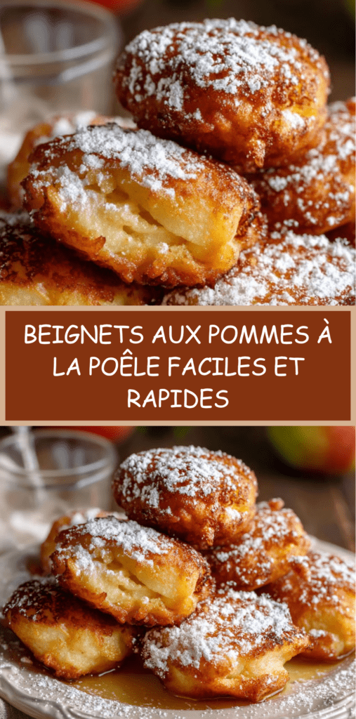 Beignets aux pommes dorés à la poêle, texture moelleuse à l’intérieur et croustillante à l’extérieur, saupoudrés de sucre glace.