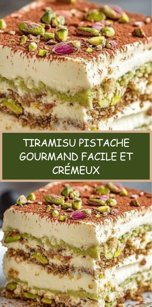 Verrine de tiramisu à la pistache avec couches de crème mascarpone verte, biscuits imbibés et éclats de pistaches sur le dessus.