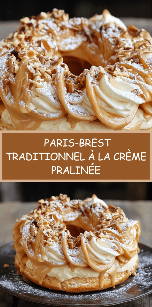 Paris-Brest traditionnel en couronne de pâte à choux dorée, garni d’une crème pralinée onctueuse et décoré d’amandes effilées et de sucre glace.