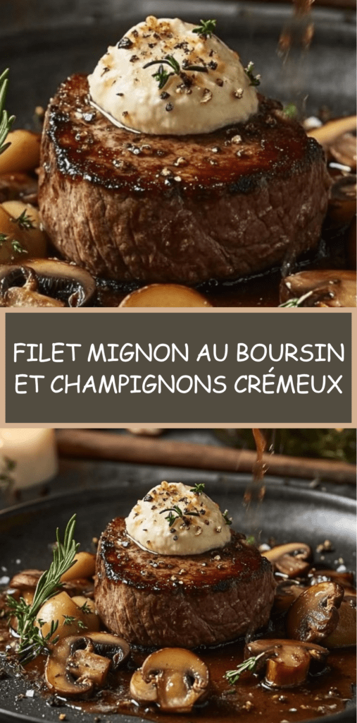 Filet mignon de porc nappé d’une sauce crémeuse au Boursin avec champignons de Paris dorés et persil frais, servi chaud dans une assiette gourmande.