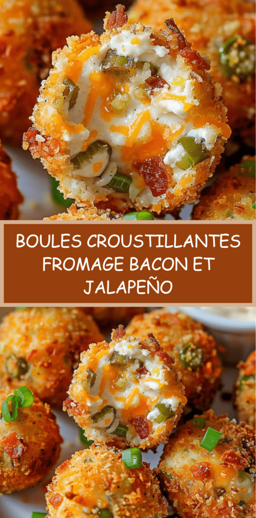 Boules croustillantes au fromage fondu, bacon grillé et jalapeños, dorées et servies chaudes avec une sauce d’accompagnement.