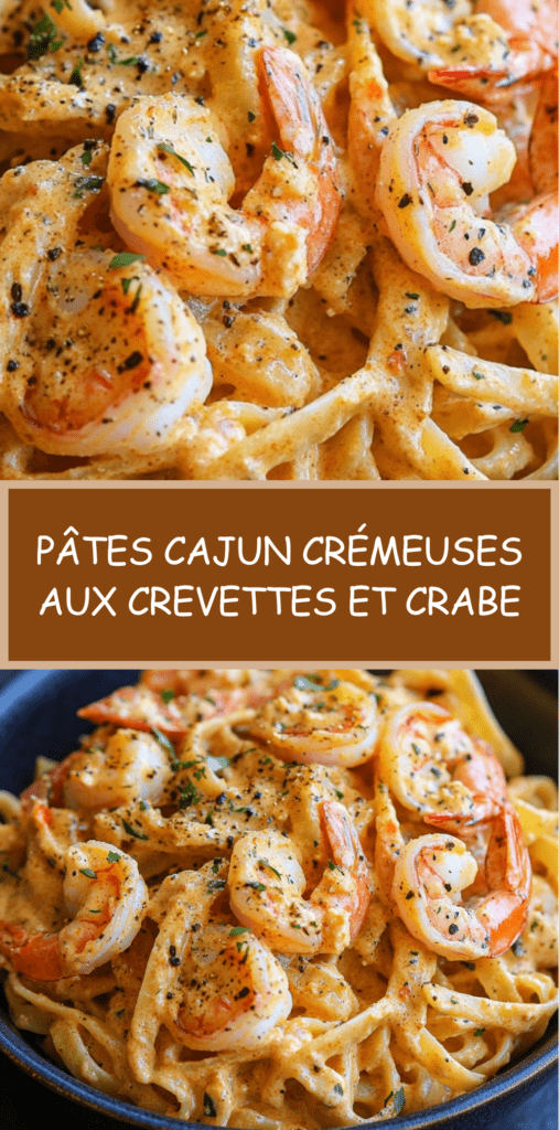 Assiette de pâtes crémeuses aux crevettes et chair de crabe, nappées d’une sauce cajun onctueuse avec persil frais et parmesan.