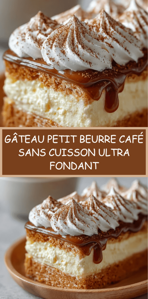 Gâteau petit beurre au café sans cuisson, composé de couches de biscuits imbibés et de crème mascarpone, avec un nappage chocolat ou cacao.