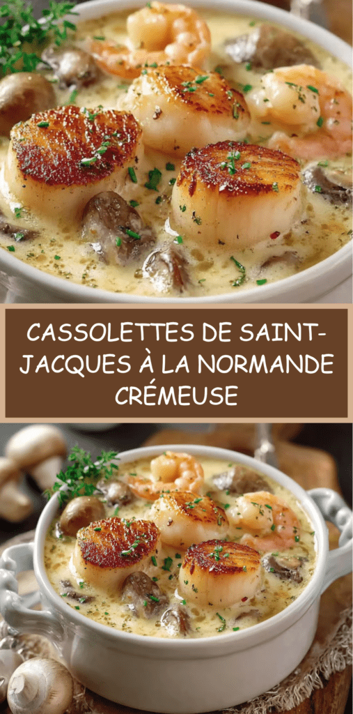 Cassolettes de noix de Saint-Jacques dorées avec crevettes et champignons, nappées d’une sauce crémeuse et gratinées au four.