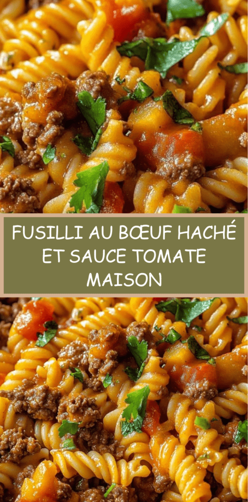 Assiette de fusilli au bœuf haché et à la tomate, nappés d’une sauce rouge brillante, garnis de persil frais haché et servis bien chauds.