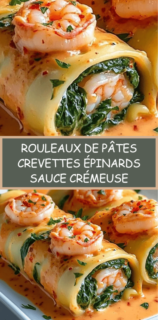 Plat de rouleaux de pâtes farcis aux crevettes, épinards et ricotta, nappés d’une sauce crémeuse au poivron rôti, servis chauds avec persil frais.