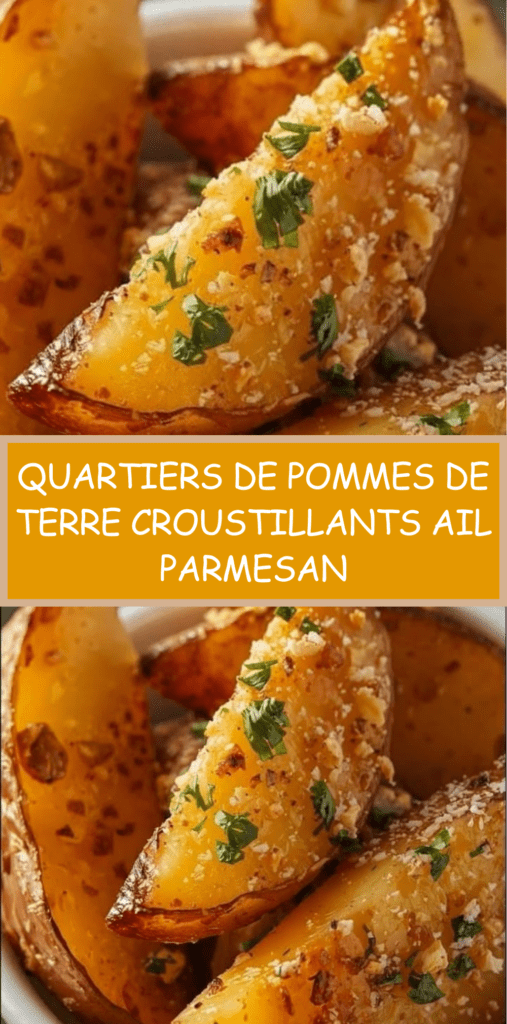 Quartiers de pommes de terre rôtis au four avec ail, parmesan et persil frais, dorés et croustillants servis sur une plaque de cuisson.