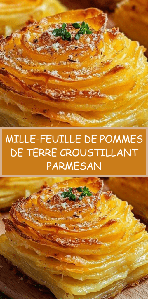 Mille-feuille de pommes de terre croustillant au parmesan avec couches fines dorées au four, servi chaud avec persil frais et texture fondante.