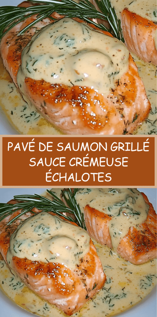 Pavé de saumon doré à la poêle nappé d’une sauce crémeuse aux échalotes, servi avec herbes fraîches et accompagnement de riz.