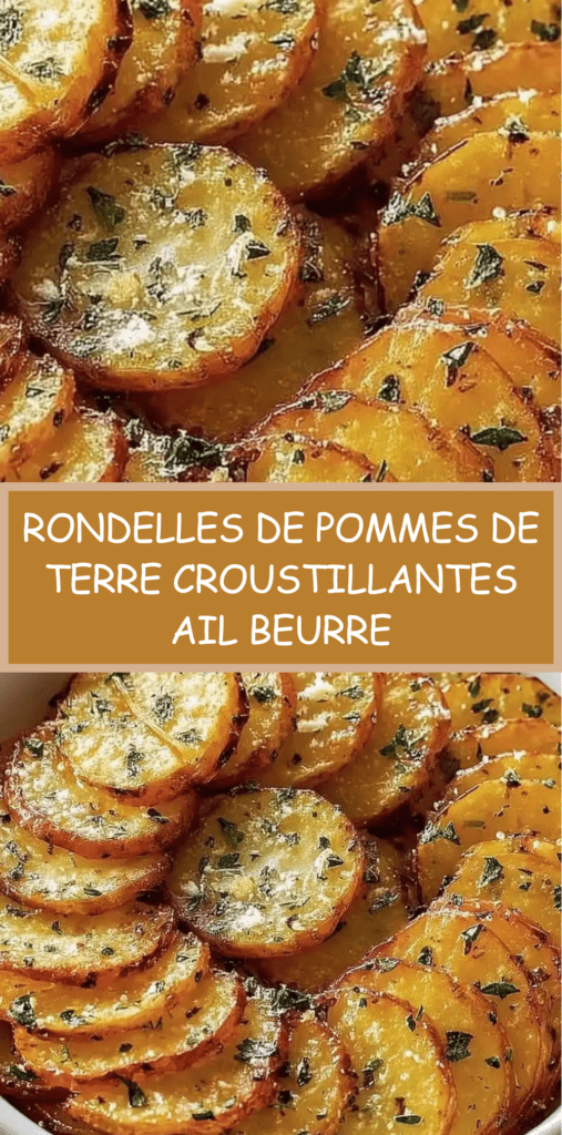 Rondelles de pommes de terre croustillantes au beurre et à l’ail rôties au four, dorées avec parmesan fondu et persil frais.