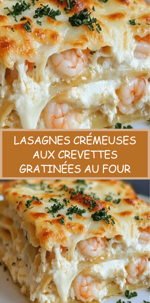Plat de lasagnes crémeuses aux crevettes avec couches de pâtes, ricotta et fromage gratiné doré au four, garni de persil frais.