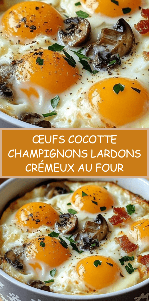 Ramequins d’œufs cocotte aux champignons et lardons avec crème et fromage gratiné, jaunes coulants et ciboulette fraîche.