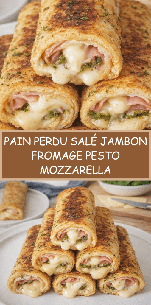 Pain perdu salé jambon-fromage au pesto et mozzarella, doré à la poêle, garni de jambon blanc, mozzarella fondante et tomates confites, servi chaud avec salade verte.