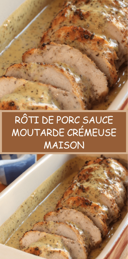 Tranches de rôti de porc nappées de sauce moutarde crémeuse dans une cocotte avec oignons fondants et herbes, servies avec pommes de terre.