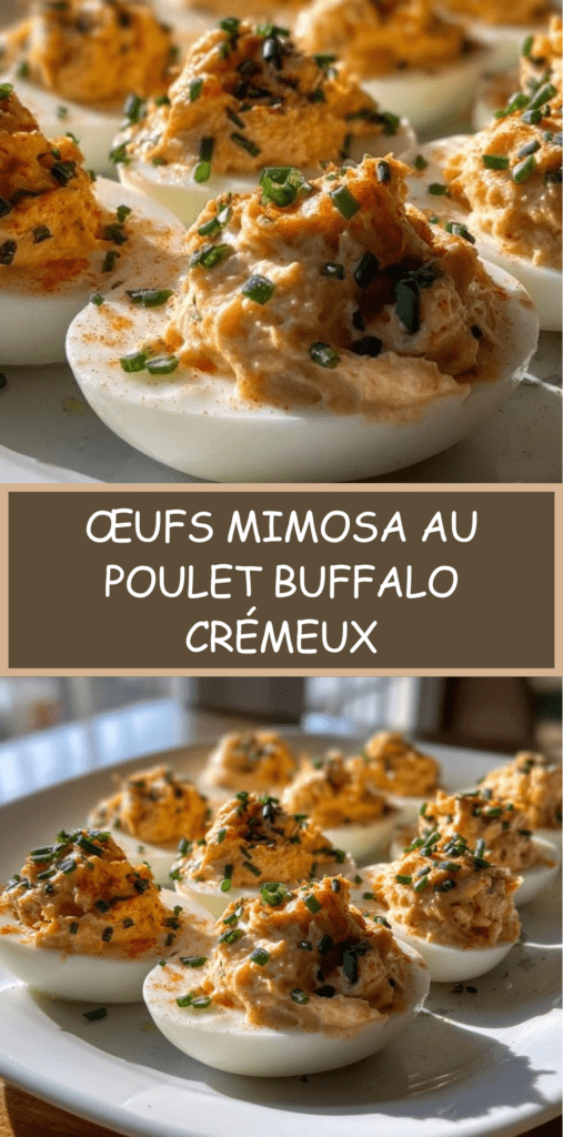 Œufs mimosa garnis de poulet Buffalo crémeux, décorés de paprika et de ciboulette fraîche, servis sur un plateau pour un apéritif.